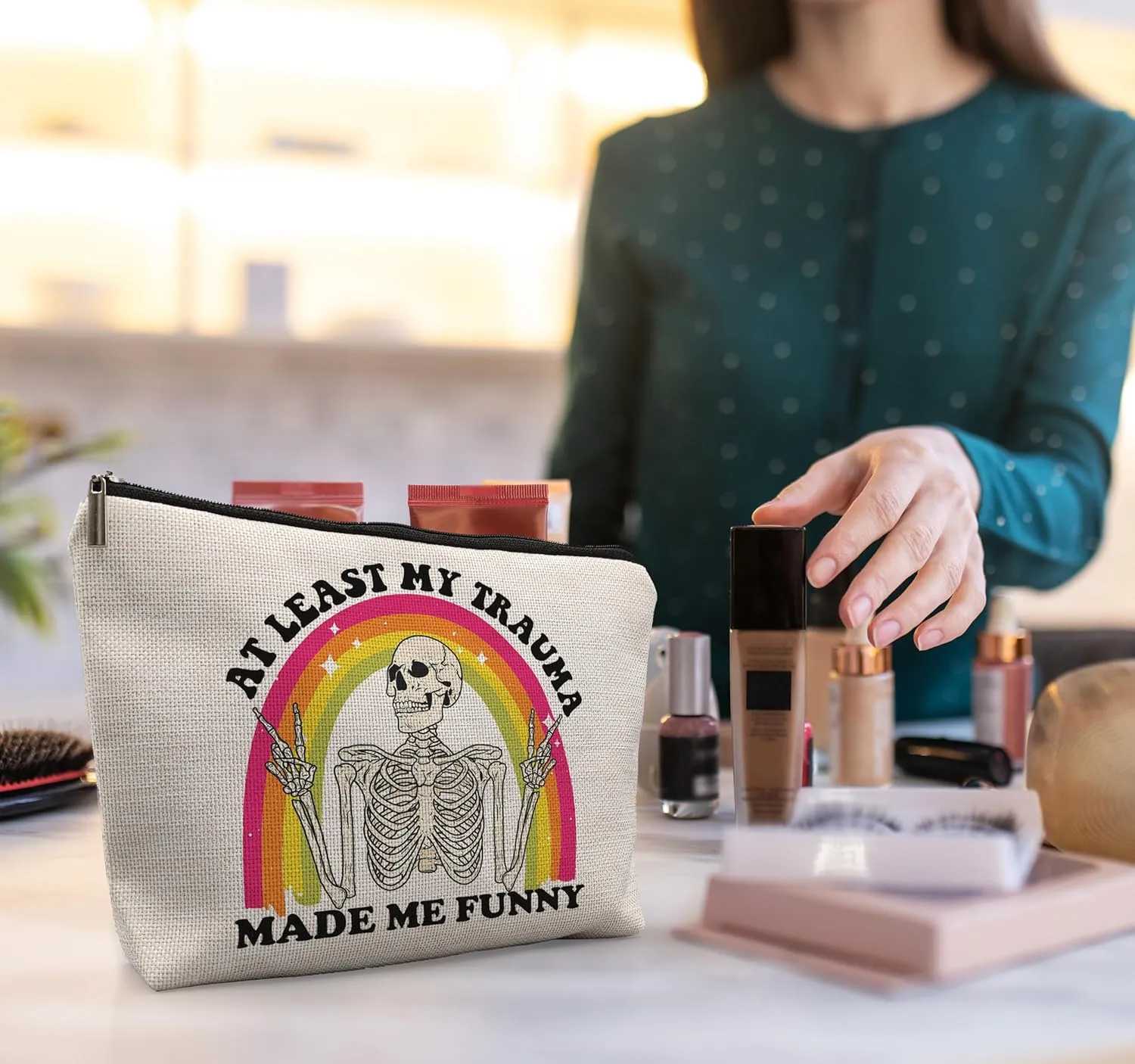 Funny Mental Health Makeup Bag, Mental Health Gifts, at Least My Trauma Made Me Funny Sarcastic Skeleton Meme Cosmetic Bag, Psychology Gifts, Funny Gifts for Women Adult Humor