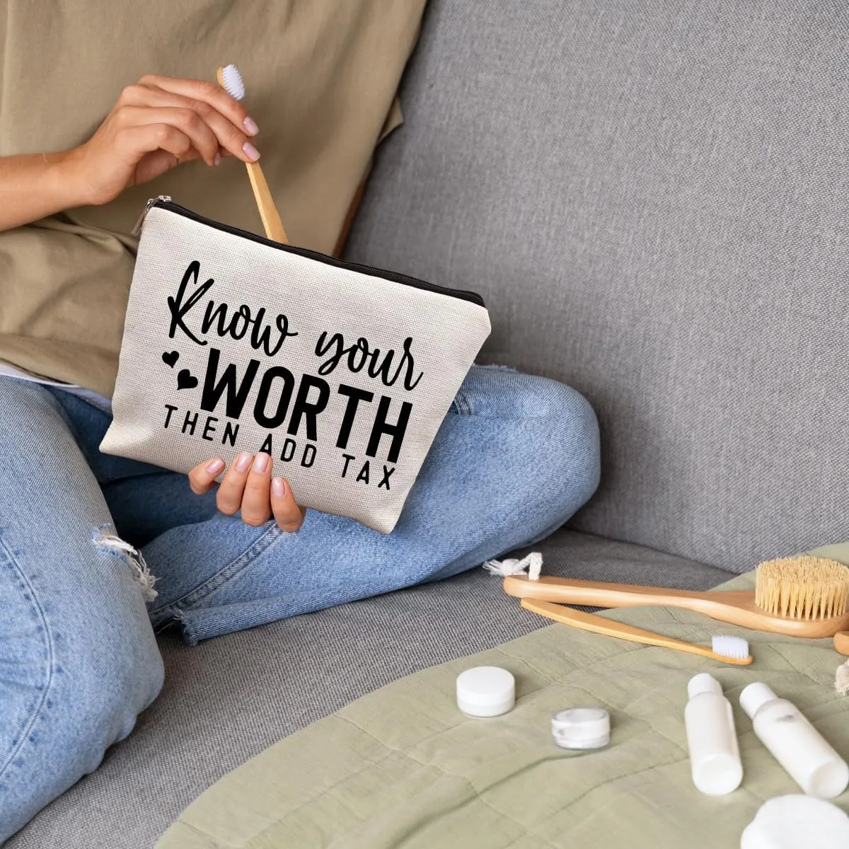 Funny Self Confident Gifts, Inspirational Motivational Encouragement Gifts for Women Coworkers, Know Your Worth Then Add Tax Funny Makeup Cosmetic Bags for Women