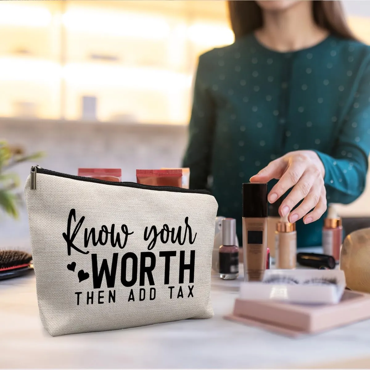 Funny Self Confident Gifts, Inspirational Motivational Encouragement Gifts for Women Coworkers, Know Your Worth Then Add Tax Funny Makeup Cosmetic Bags for Women