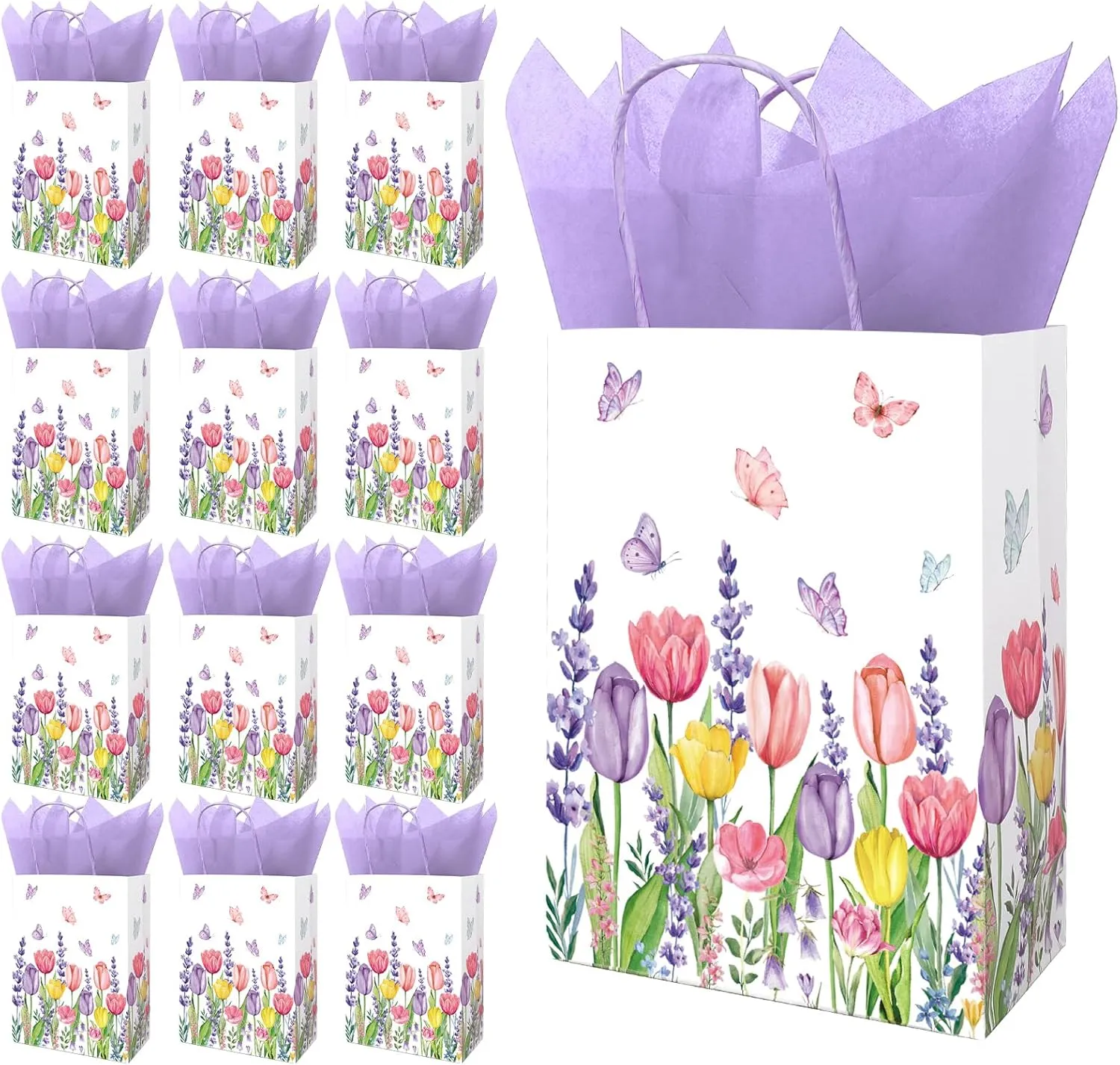 FYSUIMU 24Pcs Spring Tulips Lavender Floral Paper Bags with 30 Sheets Purple Tissue Paper Watercolor Flower Butterfly Treat Bag with Handles Candy Goodie Bags for Birthday Party