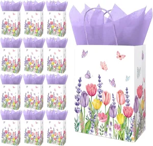 FYSUIMU 24Pcs Spring Tulips Lavender Floral Paper Bags with 30 Sheets Purple Tissue Paper Watercolor Flower Butterfly Treat Bag with Handles Candy Goodie Bags for Birthday Party