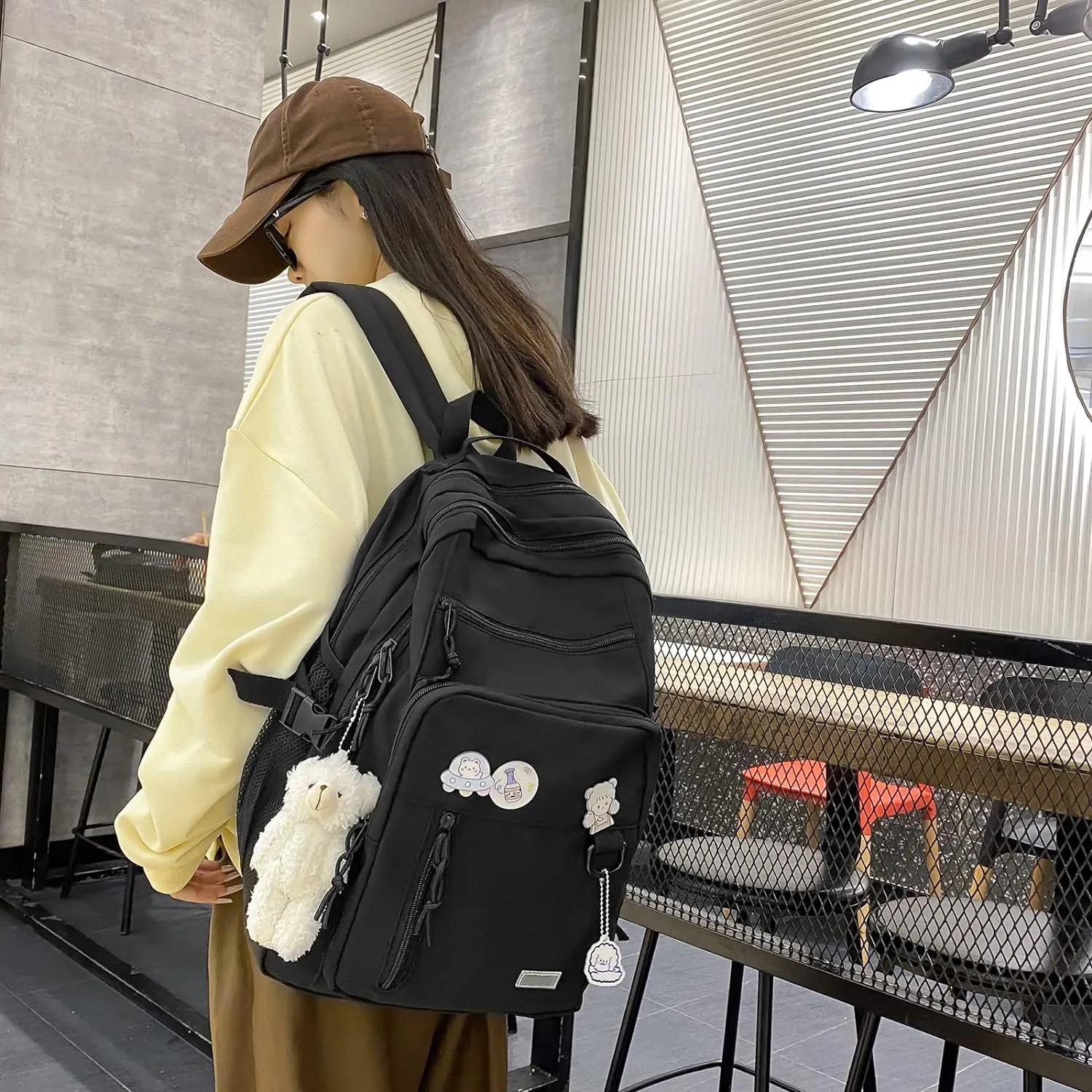 GAXOS Cute Aesthetic Backpack for School Middle Student Travel Black Backpack Teens Girls Bear Pin Book Bags
