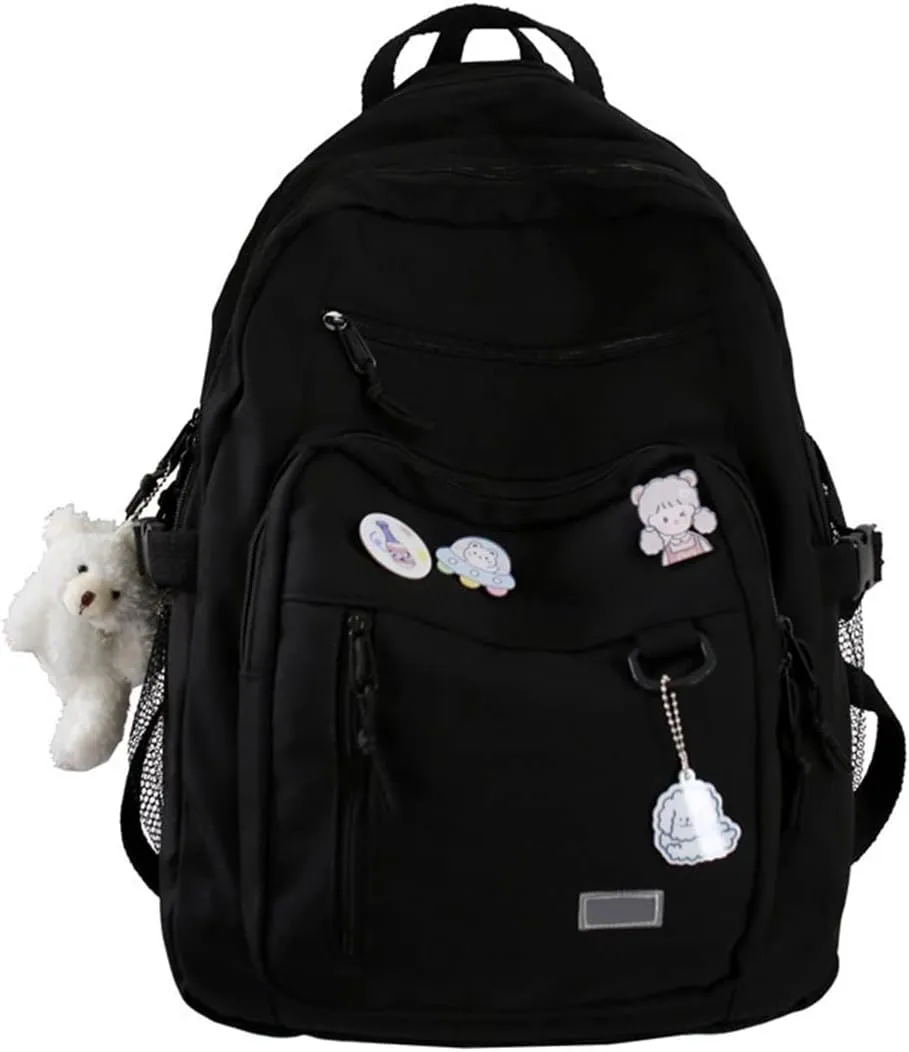 GAXOS Cute Aesthetic Backpack for School Middle Student Travel Black Backpack Teens Girls Bear Pin Book Bags