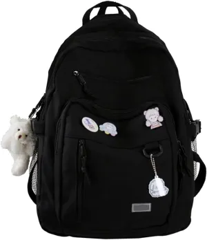 GAXOS Cute Aesthetic Backpack for School Middle Student Travel Black Backpack Teens Girls Bear Pin Book Bags