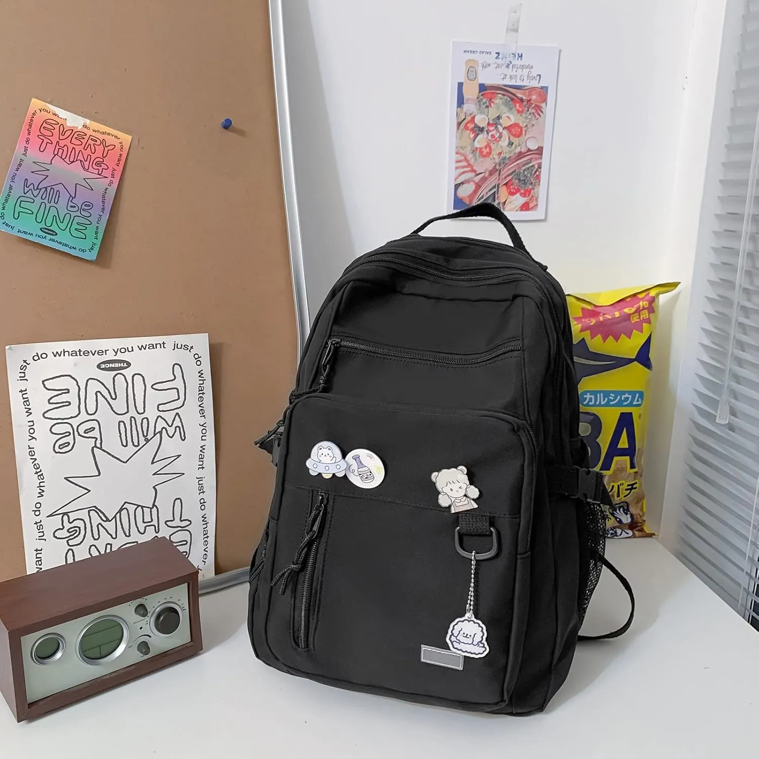 GAXOS Cute Aesthetic Backpack for School Middle Student Travel Black Backpack Teens Girls Bear Pin Book Bags