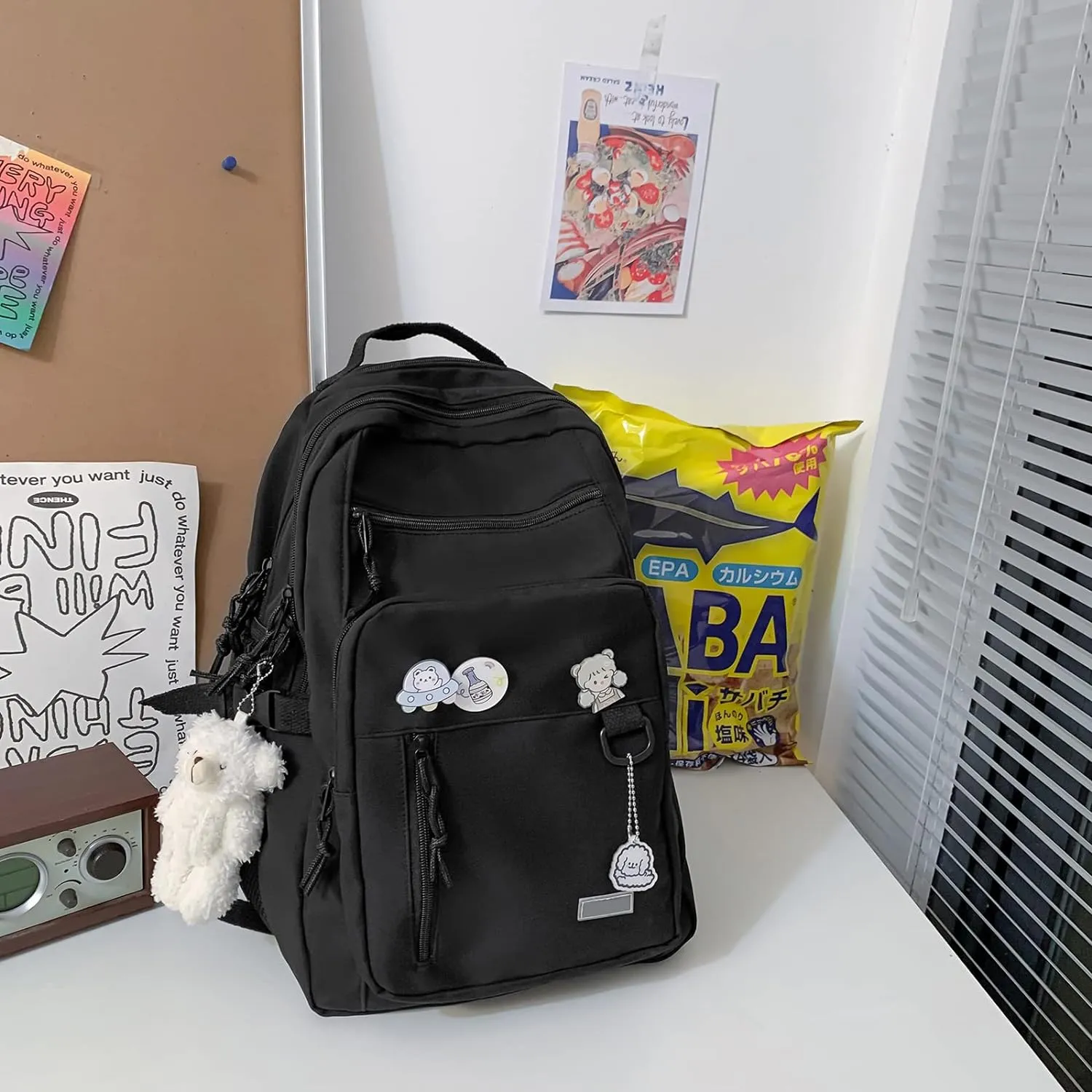 GAXOS Cute Aesthetic Backpack for School Middle Student Travel Black Backpack Teens Girls Bear Pin Book Bags
