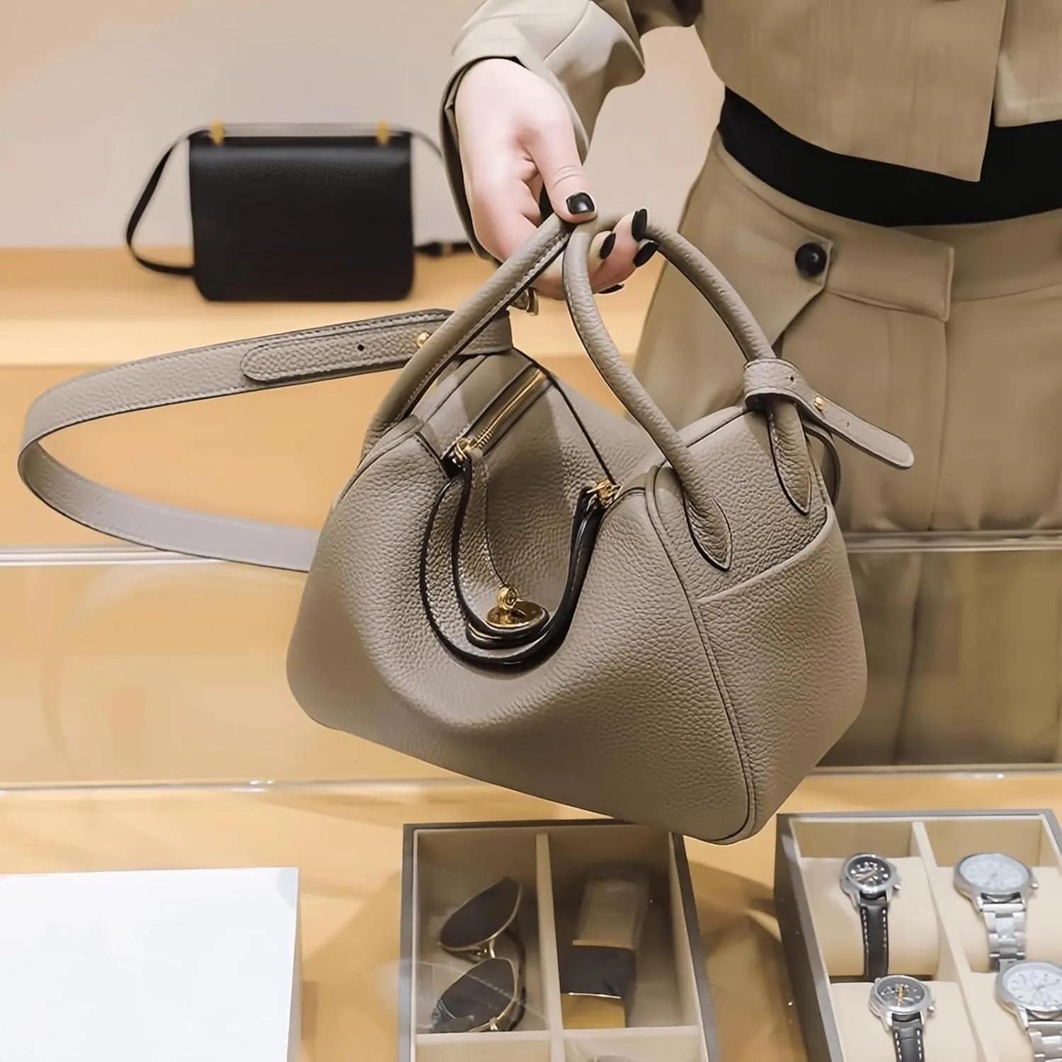 Genuine Leather Crossbody Tote Bag, Lychee Grain Mini Shoulder Bag,10.2IN Square Handbag for Business Casual