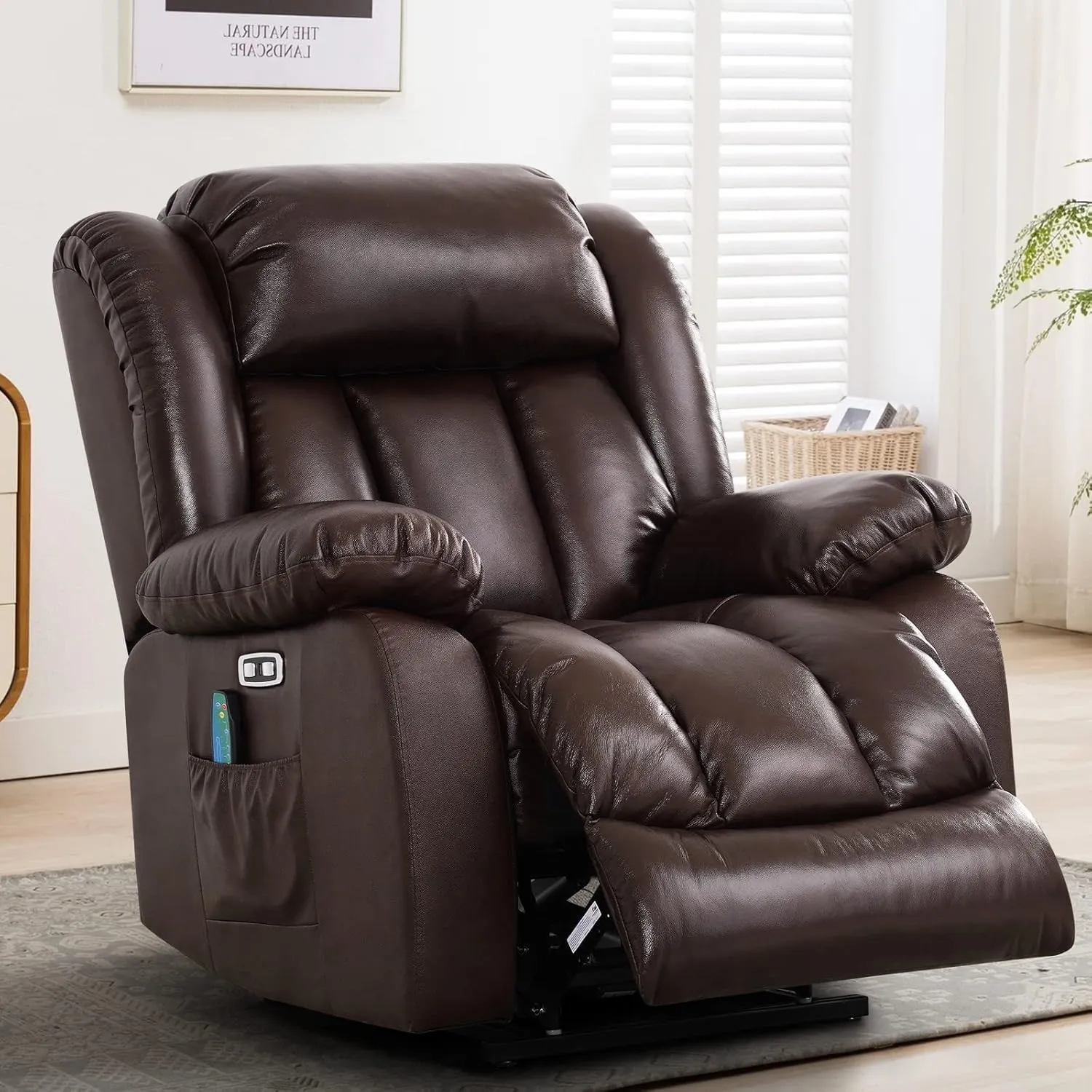 Genuine Leather Recliner Couch Overstuffed Reclining Chair Padded Lounge Sofa for Bedroom Living Room Home Use with Electric Lift Massage Adjustable for Elderly