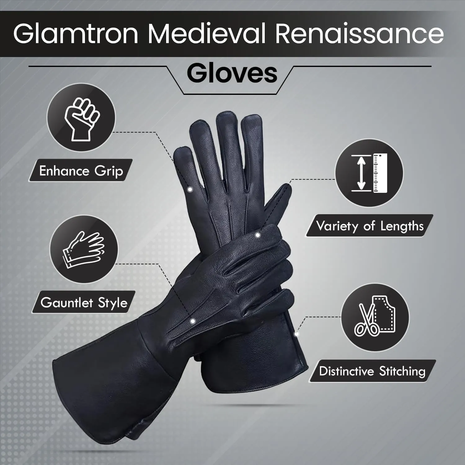 Glamtron Medieval Renaissance Gloves Pure Lambskin Leather Cosplay Gauntlet Gloves Long Arm Cuff, Small, Black