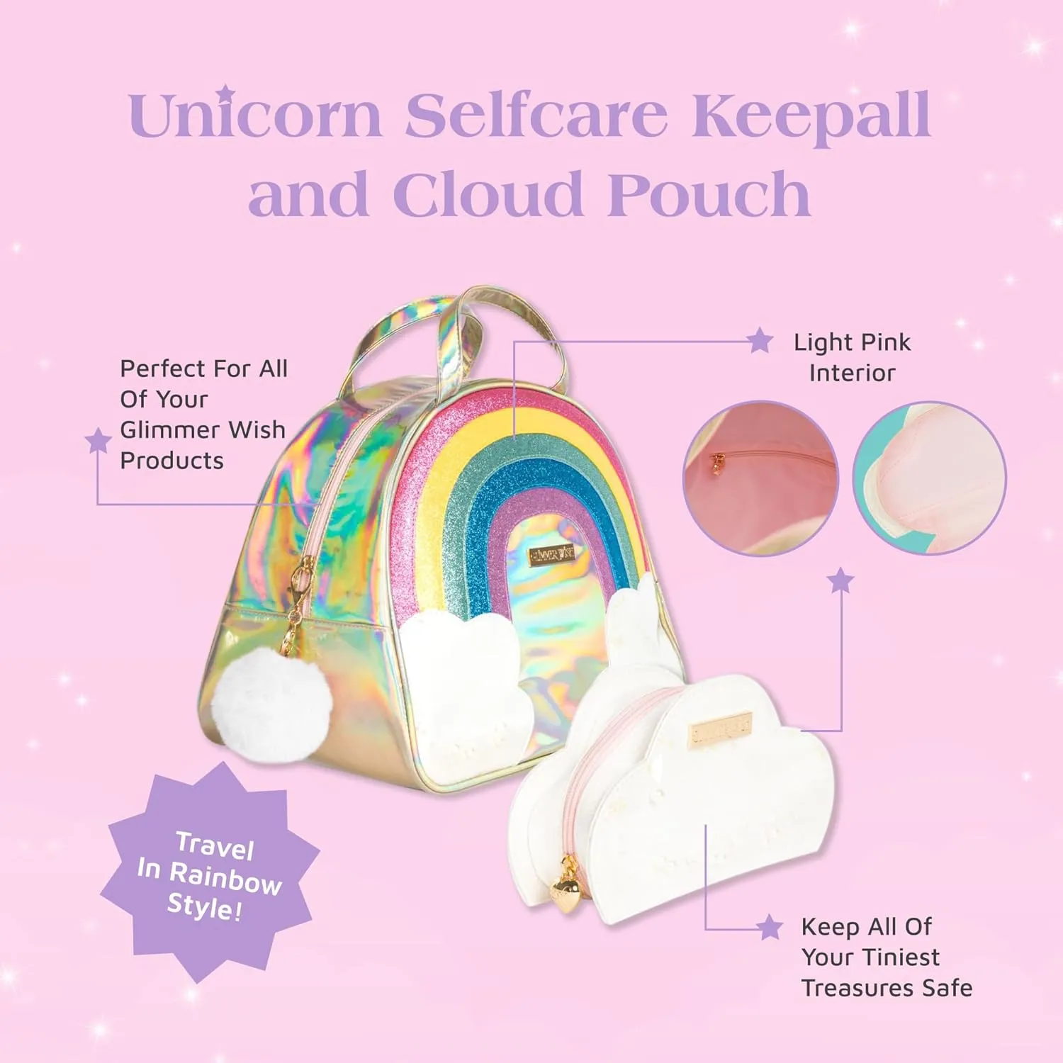 Glimmer Wish Unicorn Rainbow Selfcare Keepall and Unicorn Cloud Pouch, Travel Bag for Essentials and Small Cosmetic Bag, Gifts for Teens and Girls