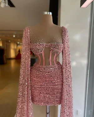 Gorgeous Pink Cocktail Dresses With Cape Corset Top Sequined Pleat Short Prom Gowns Sheer Neck Beaded vestido de fiesta de boda