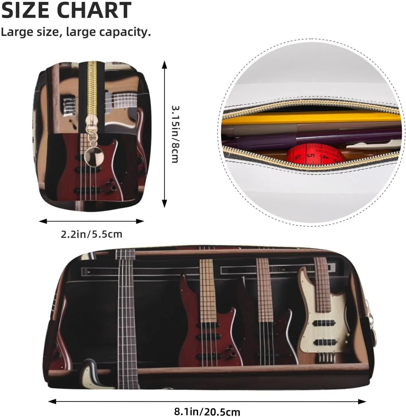 Guitar Bass Music Musical Instruments Makeup Bag Travel Toiletry Bag Big Pencil Bag for Women Men Leather Zipper Coin Pouch Purse