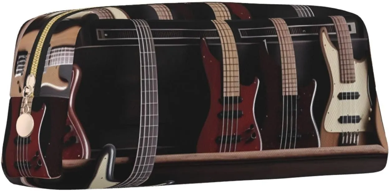 Guitar Bass Music Musical Instruments Makeup Bag Travel Toiletry Bag Big Pencil Bag for Women Men Leather Zipper Coin Pouch Purse