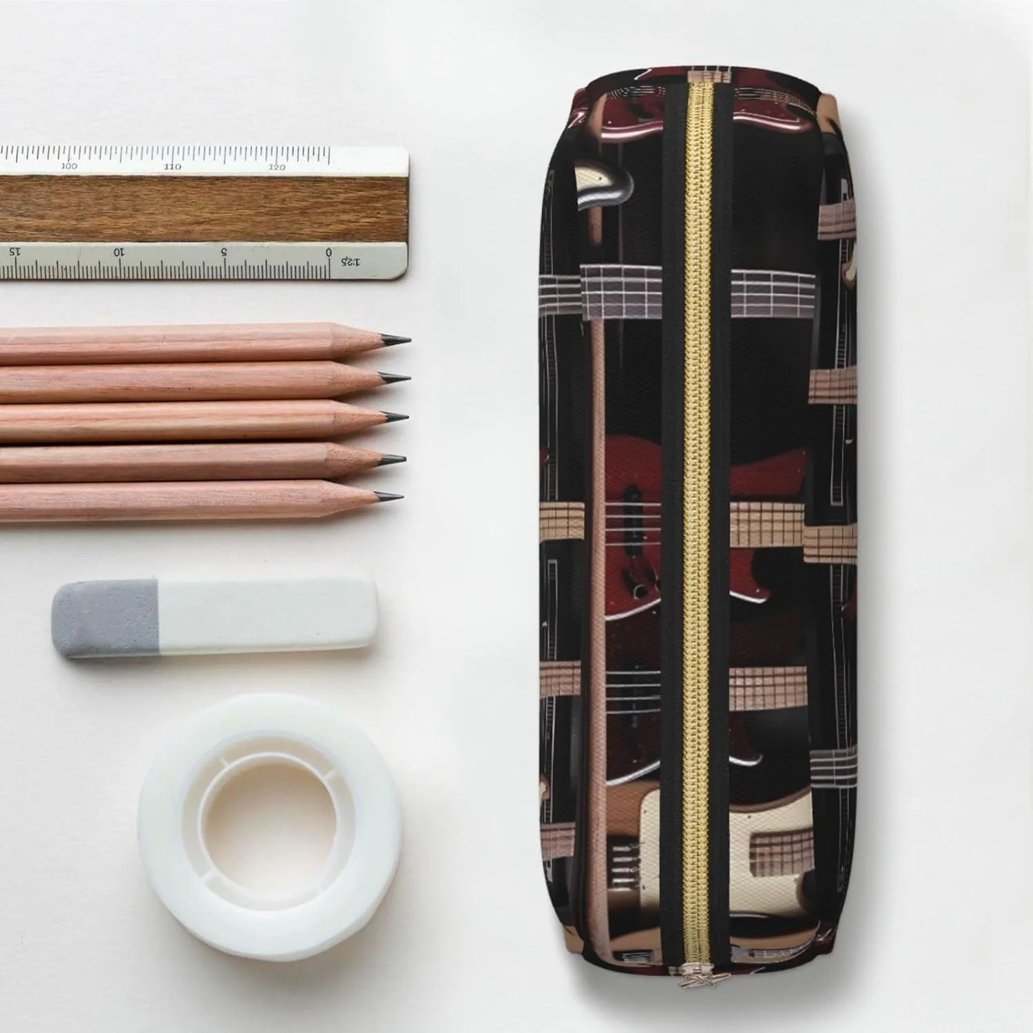 Guitar Bass Music Musical Instruments Makeup Bag Travel Toiletry Bag Big Pencil Bag for Women Men Leather Zipper Coin Pouch Purse