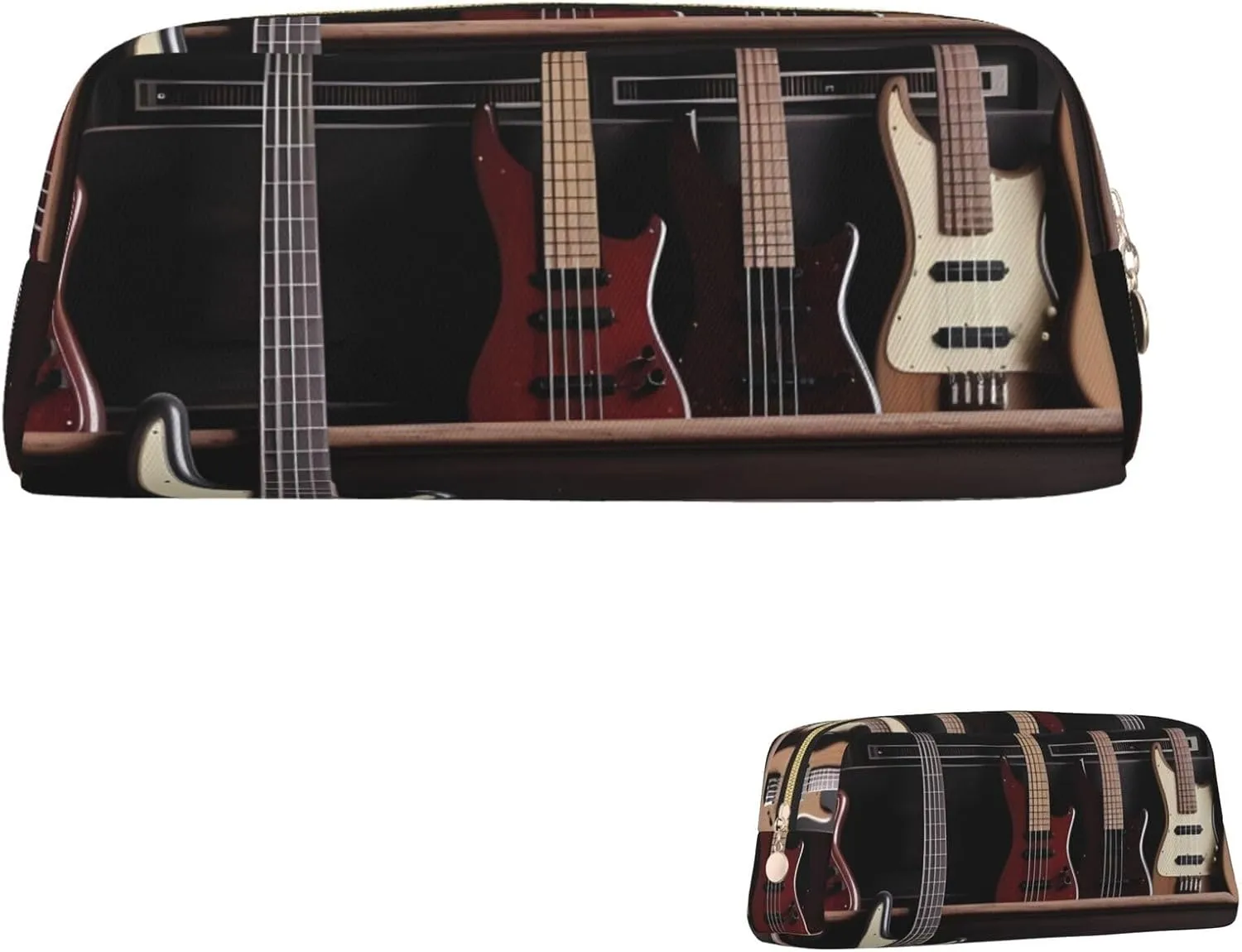 Guitar Bass Music Musical Instruments Makeup Bag Travel Toiletry Bag Big Pencil Bag for Women Men Leather Zipper Coin Pouch Purse