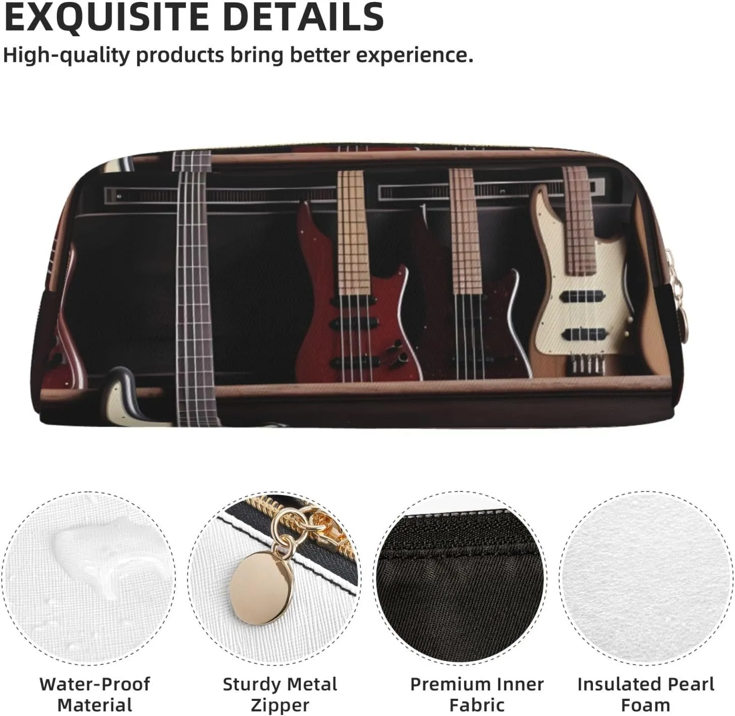 Guitar Bass Music Musical Instruments Makeup Bag Travel Toiletry Bag Big Pencil Bag for Women Men Leather Zipper Coin Pouch Purse