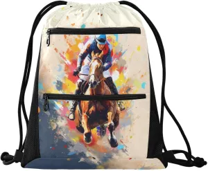 Gym Drawstring Backpack Sports String Bags Training Gym Sack Riding Equestrian 1 with Zipper Pocket Small