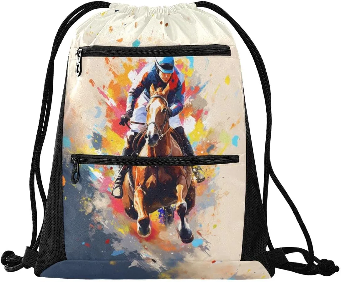 Gym Drawstring Backpack Sports String Bags Training Gym Sack Riding Equestrian 1 with Zipper Pocket Small