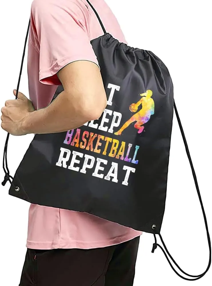 Haizct Eat Sleep Basketball Repeat Drawstring Backpacks, Unisex Drawstring Bags for Gym Shopping Sport, Gifts for Men Women Basketball Lover
