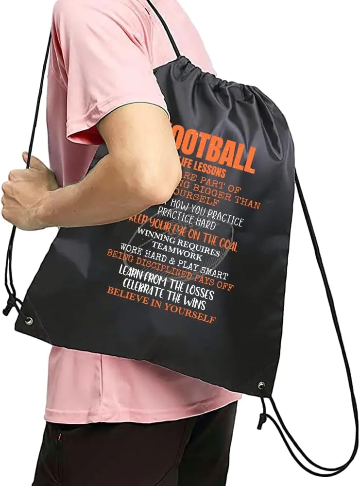 Haizct Football Life Lessons Drawstring Backpacks, Unisex Bags for Gym Shopping Sport, Football Gift Bag for Men Women Lover, Player Appreciate Gift