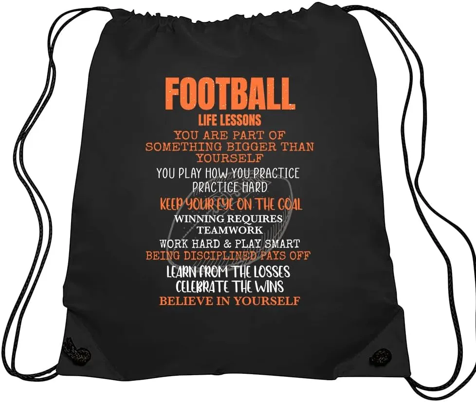 Haizct Football Life Lessons Drawstring Backpacks, Unisex Bags for Gym Shopping Sport, Football Gift Bag for Men Women Lover, Player Appreciate Gift