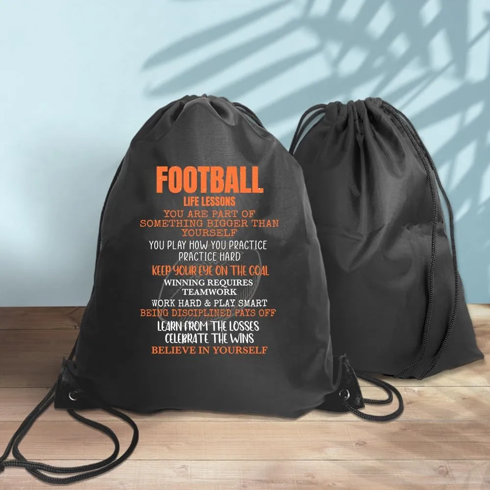 Haizct Football Life Lessons Drawstring Backpacks, Unisex Bags for Gym Shopping Sport, Football Gift Bag for Men Women Lover, Player Appreciate Gift