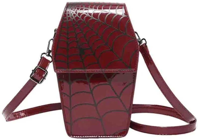 Halloween Gothic Spider Web Satchel Purse, Novelty Cobweb Coffin Shoulder Bag, PU Leather Fun Fashion Crossbody Bag Daypack/2200