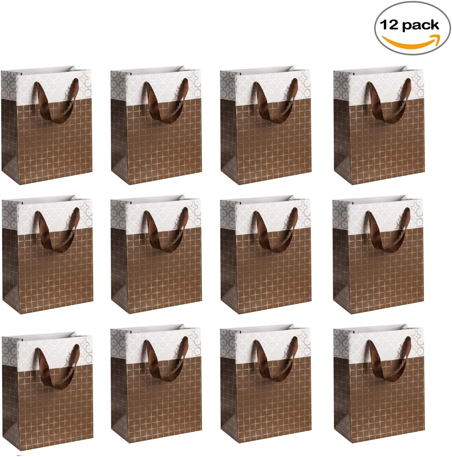 Hammont Wedding Bridesmaid Gift Bags - Box Design Party Favors - 12 Pack Foil Stamped Gift Bag for Hotel Guests - Durable Ribbon Handles - Birthday Bags Women - Beautiful Brown Present Bag 9”x 7”x 4”