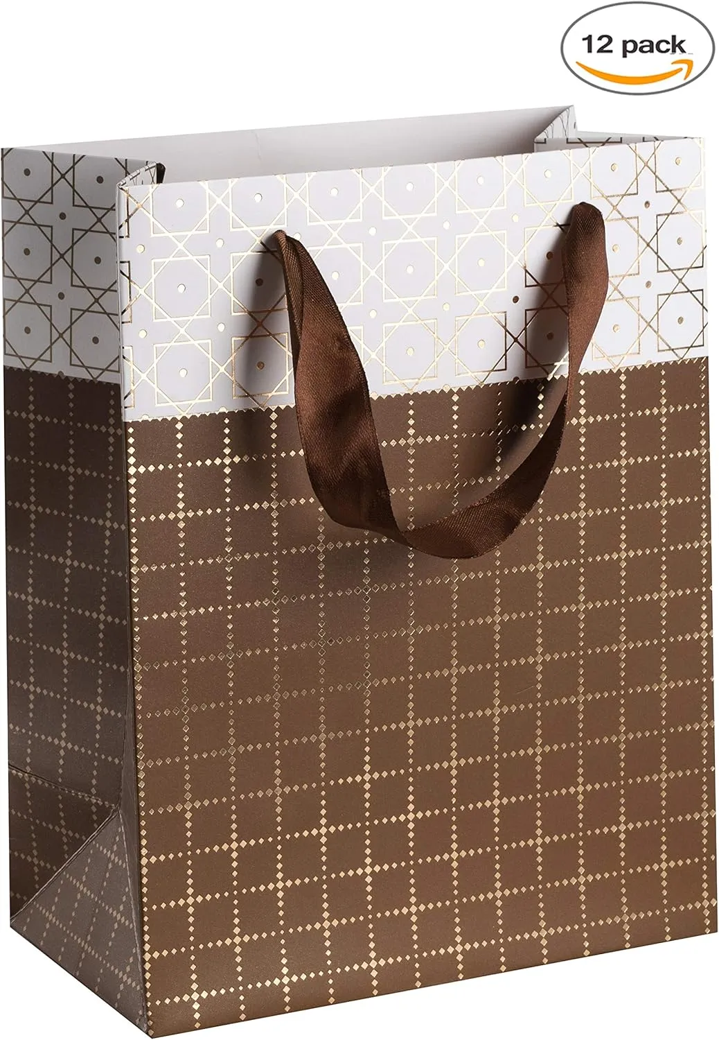 Hammont Wedding Bridesmaid Gift Bags - Box Design Party Favors - 12 Pack Foil Stamped Gift Bag for Hotel Guests - Durable Ribbon Handles - Birthday Bags Women - Beautiful Brown Present Bag 9”x 7”x 4”