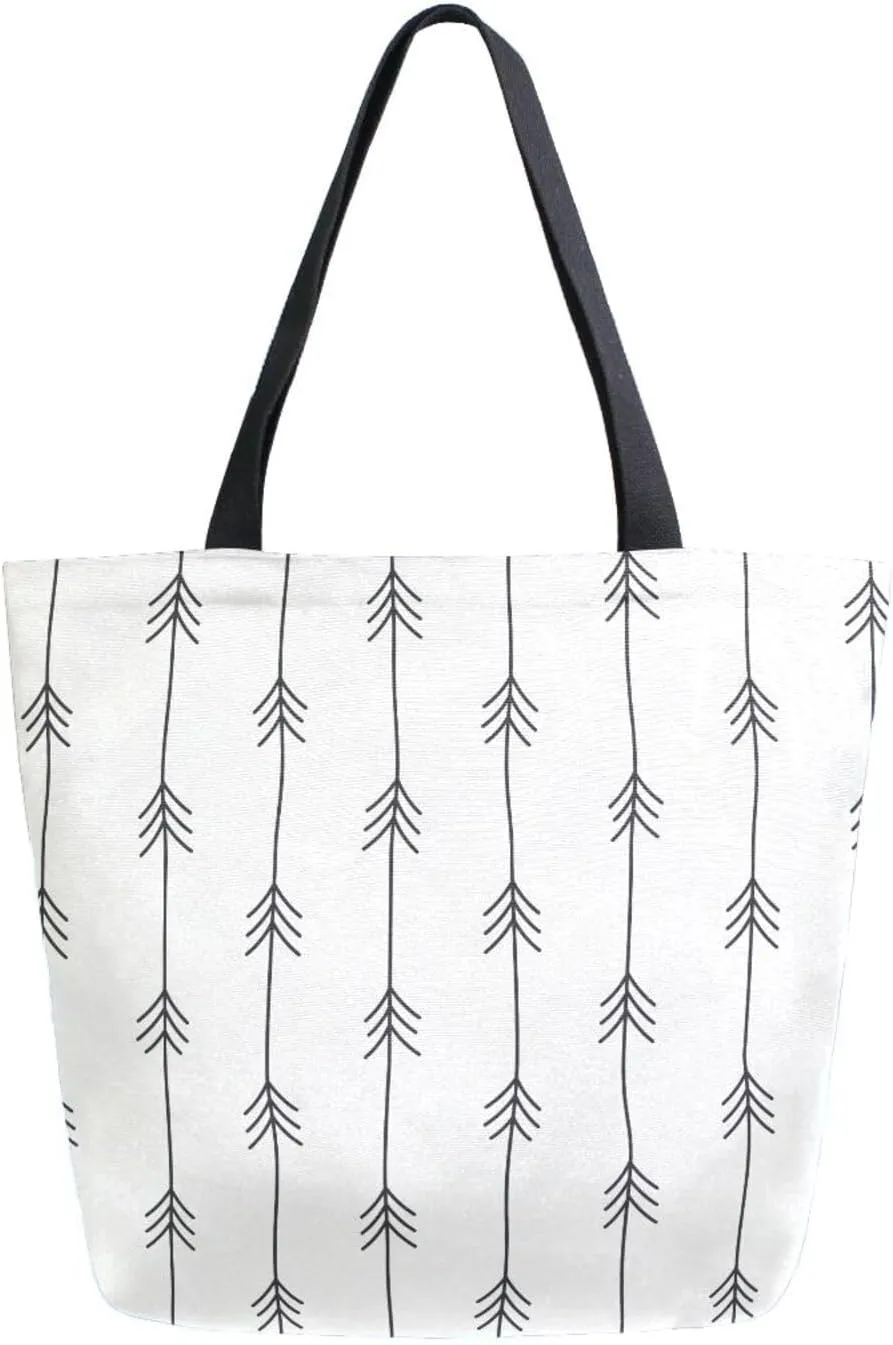 Hand Drawn Black and White Arrow Lines Canvas Tote Bag for Women with Zipper Pocket Reusable Grocery Shopping Bags Large Travel Shoulder Bag Handbag Bags