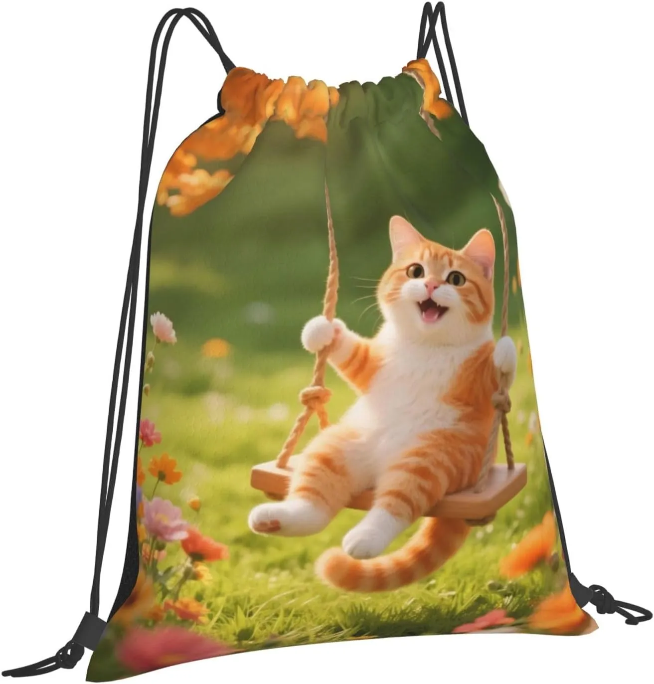 Happy Cat Swing Drawstring Gym Bags Sport String Bag Backpack for Hiking Yoga Travel 14 x 16 Inch