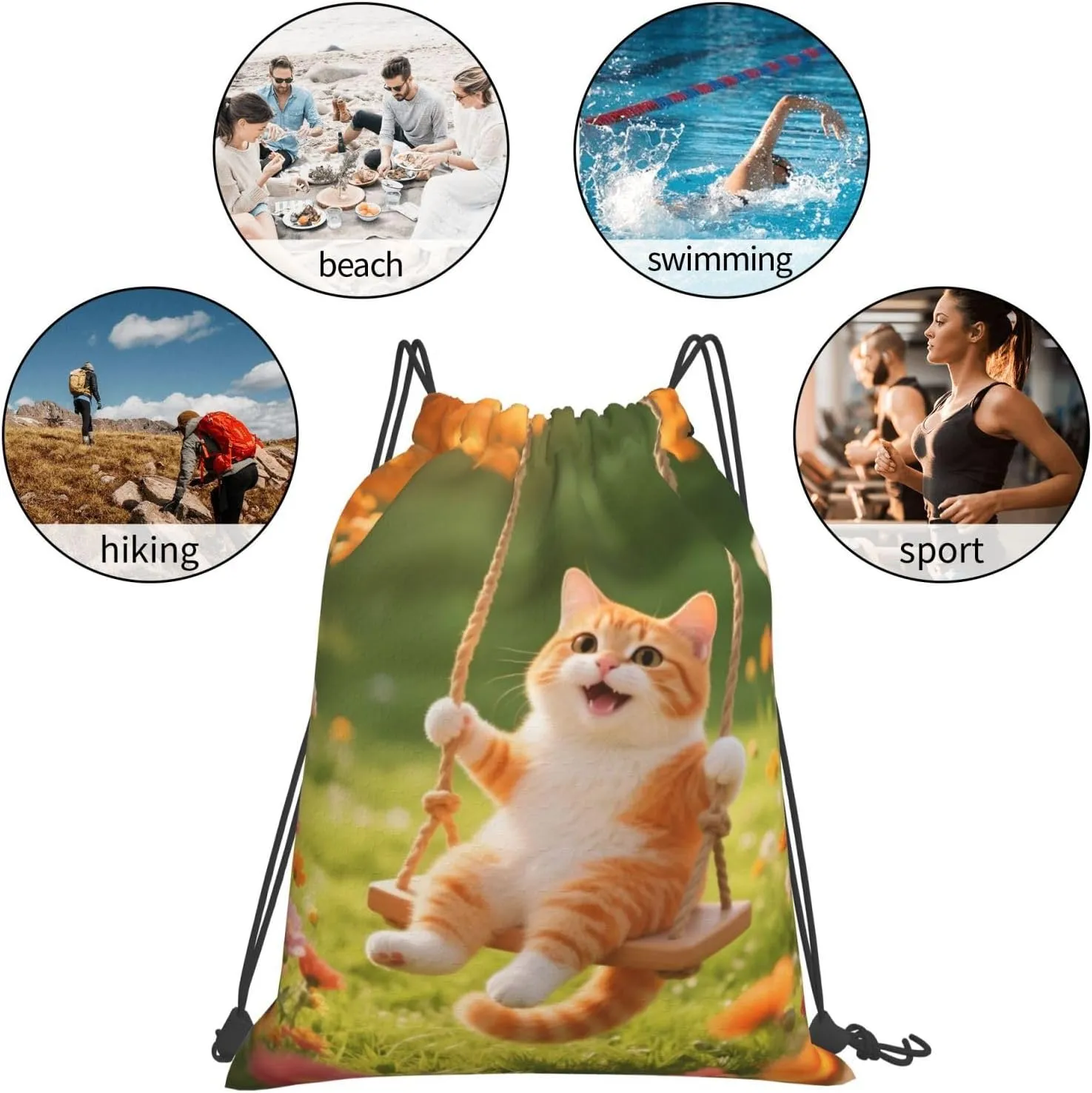 Happy Cat Swing Drawstring Gym Bags Sport String Bag Backpack for Hiking Yoga Travel 14 x 16 Inch