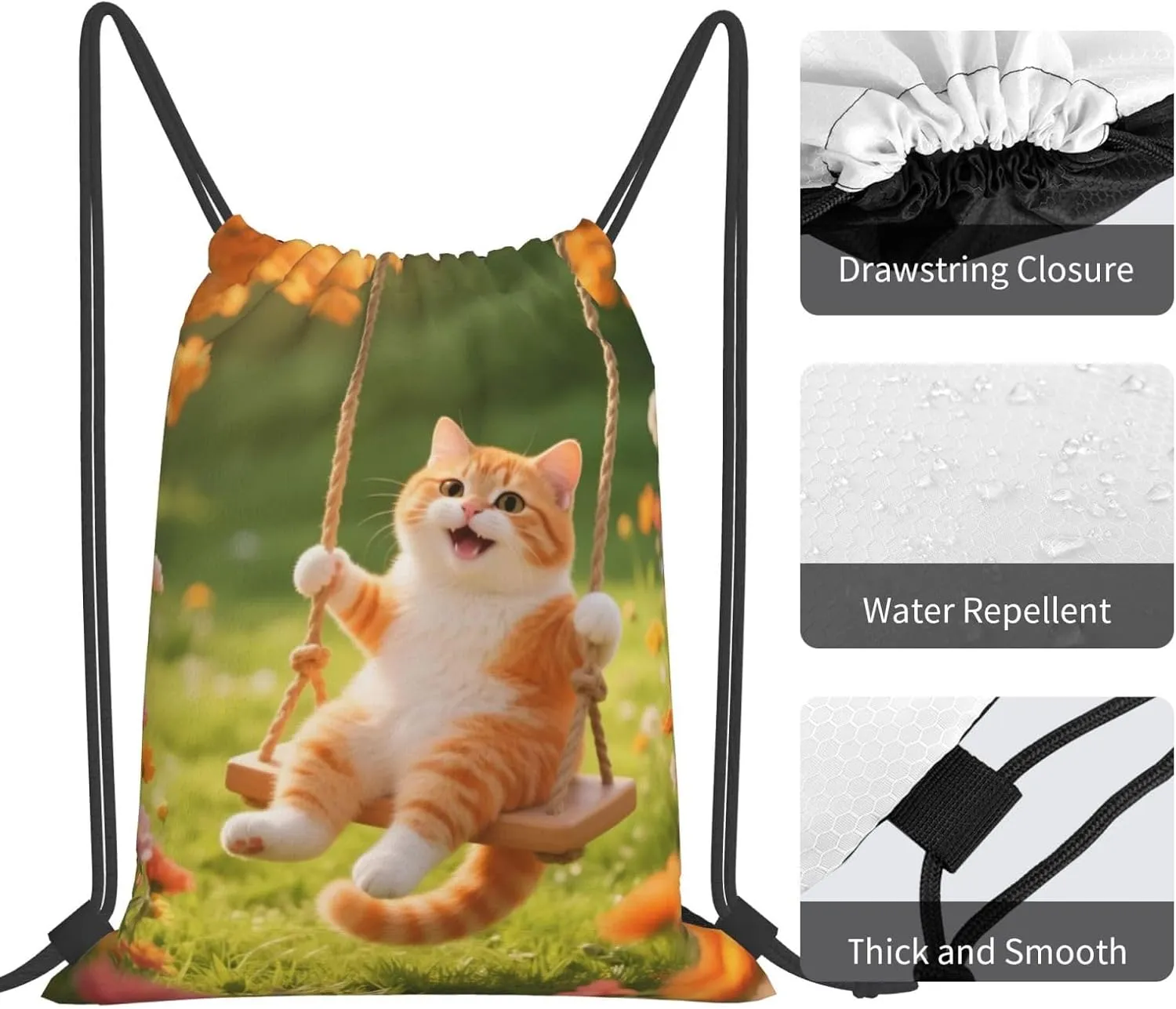 Happy Cat Swing Drawstring Gym Bags Sport String Bag Backpack for Hiking Yoga Travel 14 x 16 Inch