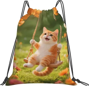 Happy Cat Swing Drawstring Gym Bags Sport String Bag Backpack for Hiking Yoga Travel 14 x 16 Inch