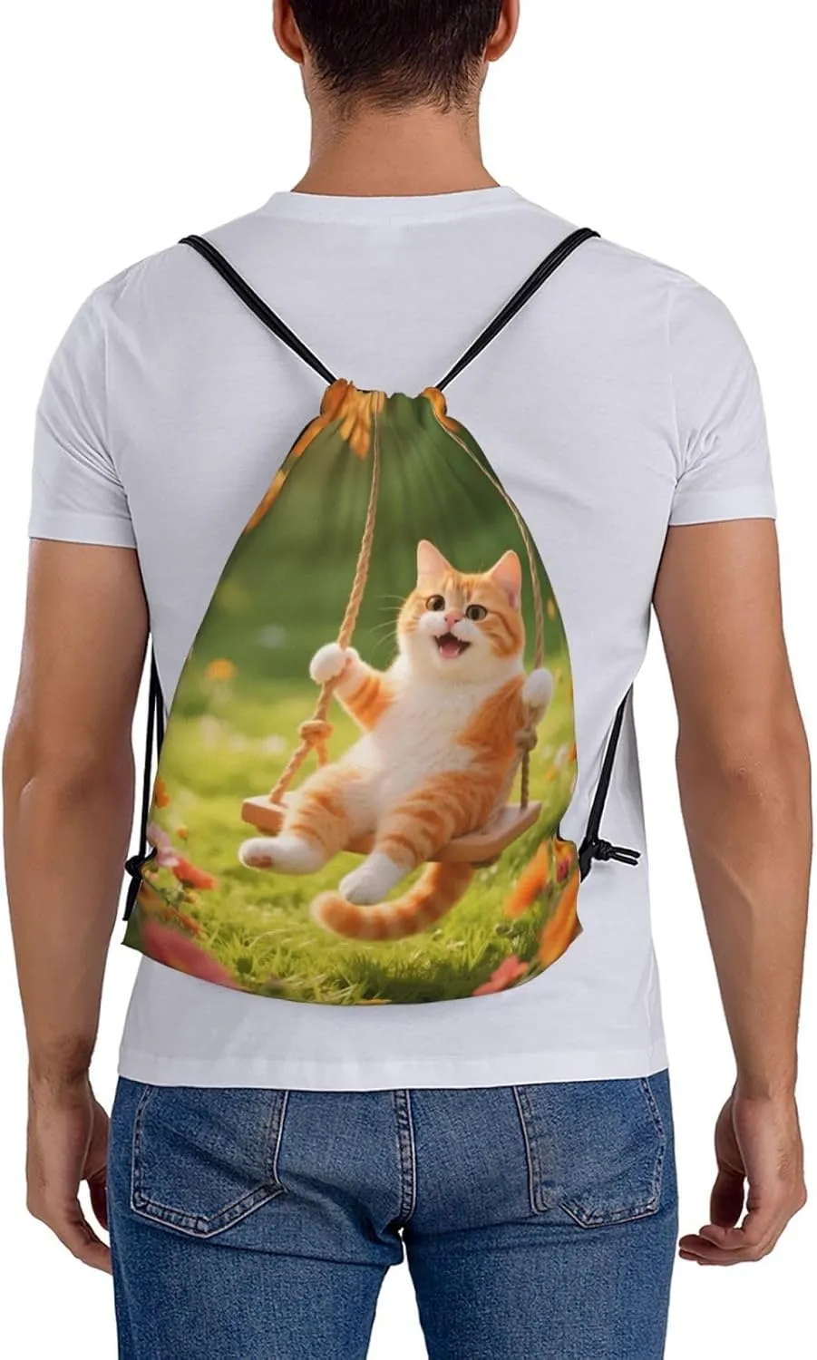 Happy Cat Swing Drawstring Gym Bags Sport String Bag Backpack for Hiking Yoga Travel 14 x 16 Inch
