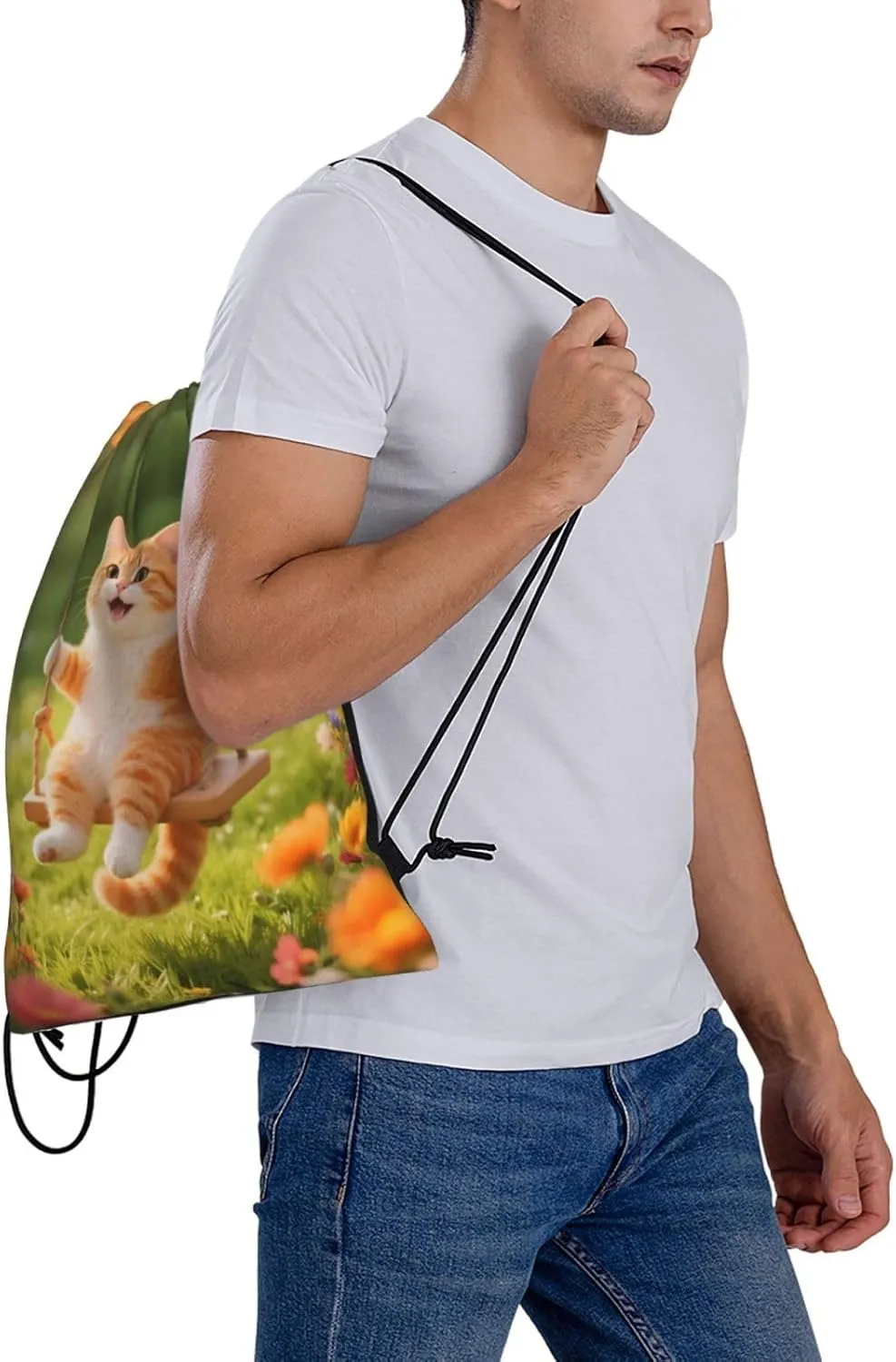 Happy Cat Swing Drawstring Gym Bags Sport String Bag Backpack for Hiking Yoga Travel 14 x 16 Inch