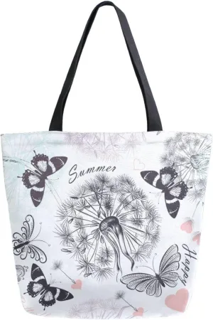 Happy Summer Butterfly Dandelion Canvas Tote Bag for Women with Zipper Pocket Reusable Grocery Shopping Bags Large Travel Shoulder Bag Handbag Bags