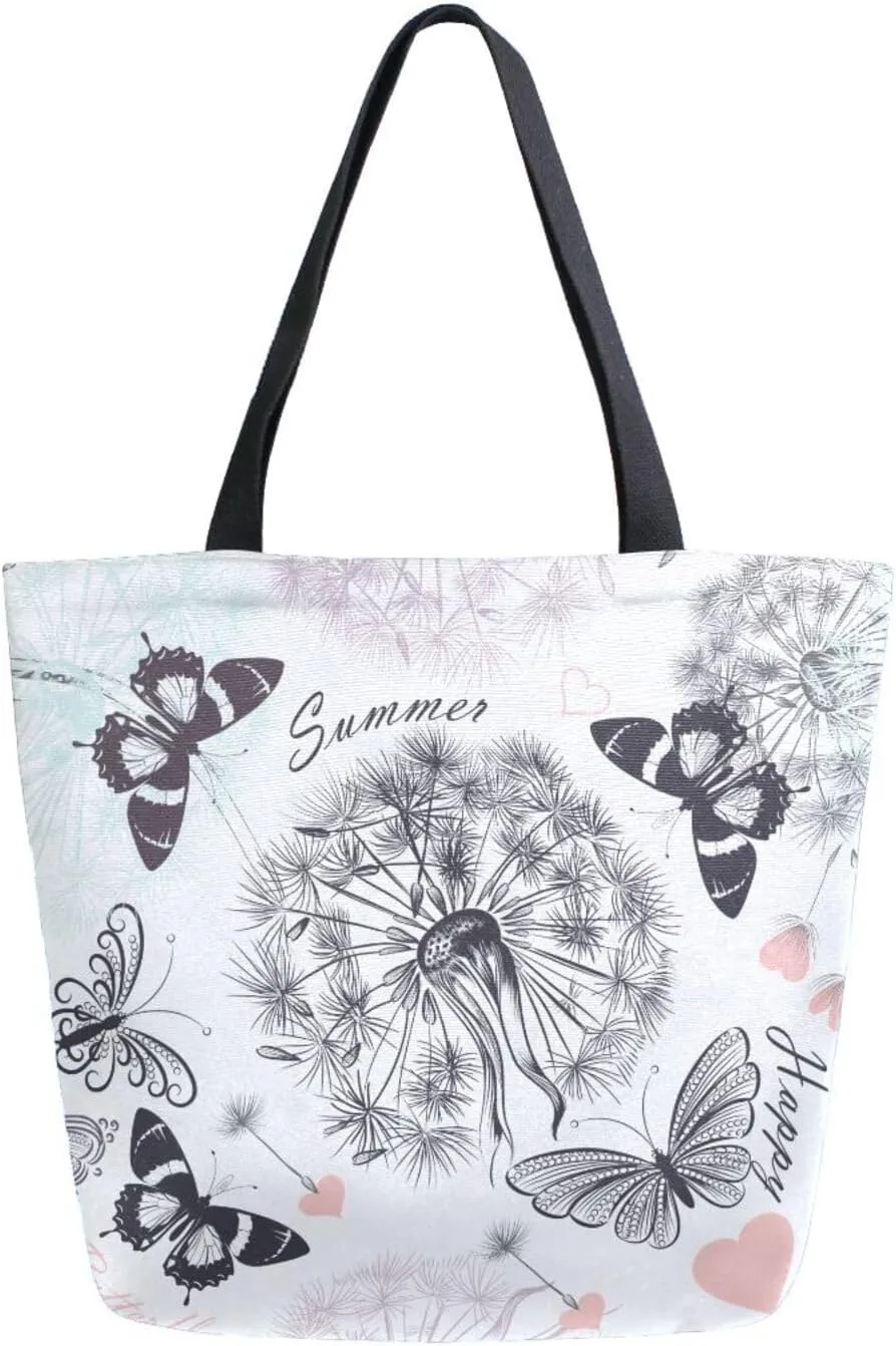 Happy Summer Butterfly Dandelion Canvas Tote Bag for Women with Zipper Pocket Reusable Grocery Shopping Bags Large Travel Shoulder Bag Handbag Bags