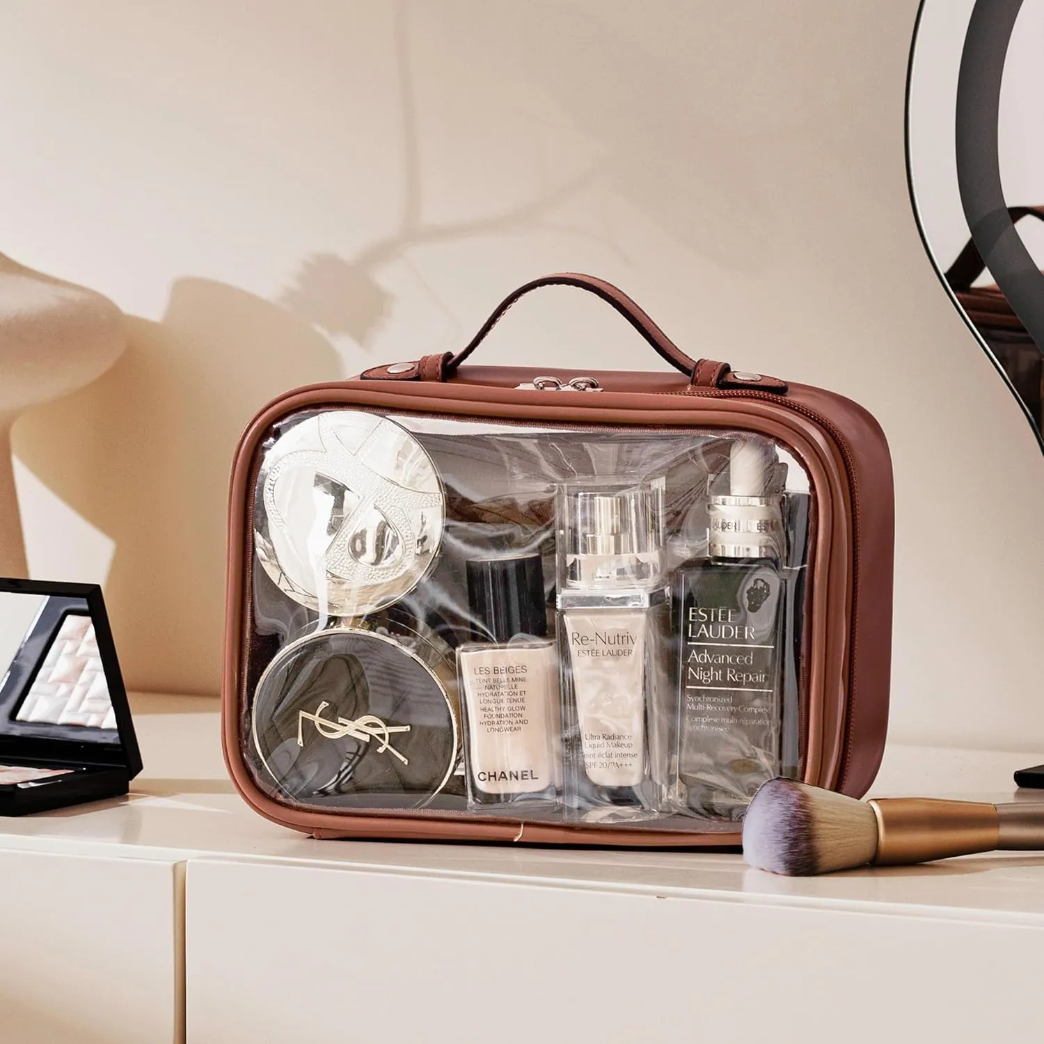 HBselect TSA Approved Toiletry Bag, Clear Makeup Bag Travel Toiletry Bag for Women Girls, Portable Waterproof Makeup Bag Organizer Cosmetic Bag Travel Accessories Essentials (Small Caramel)