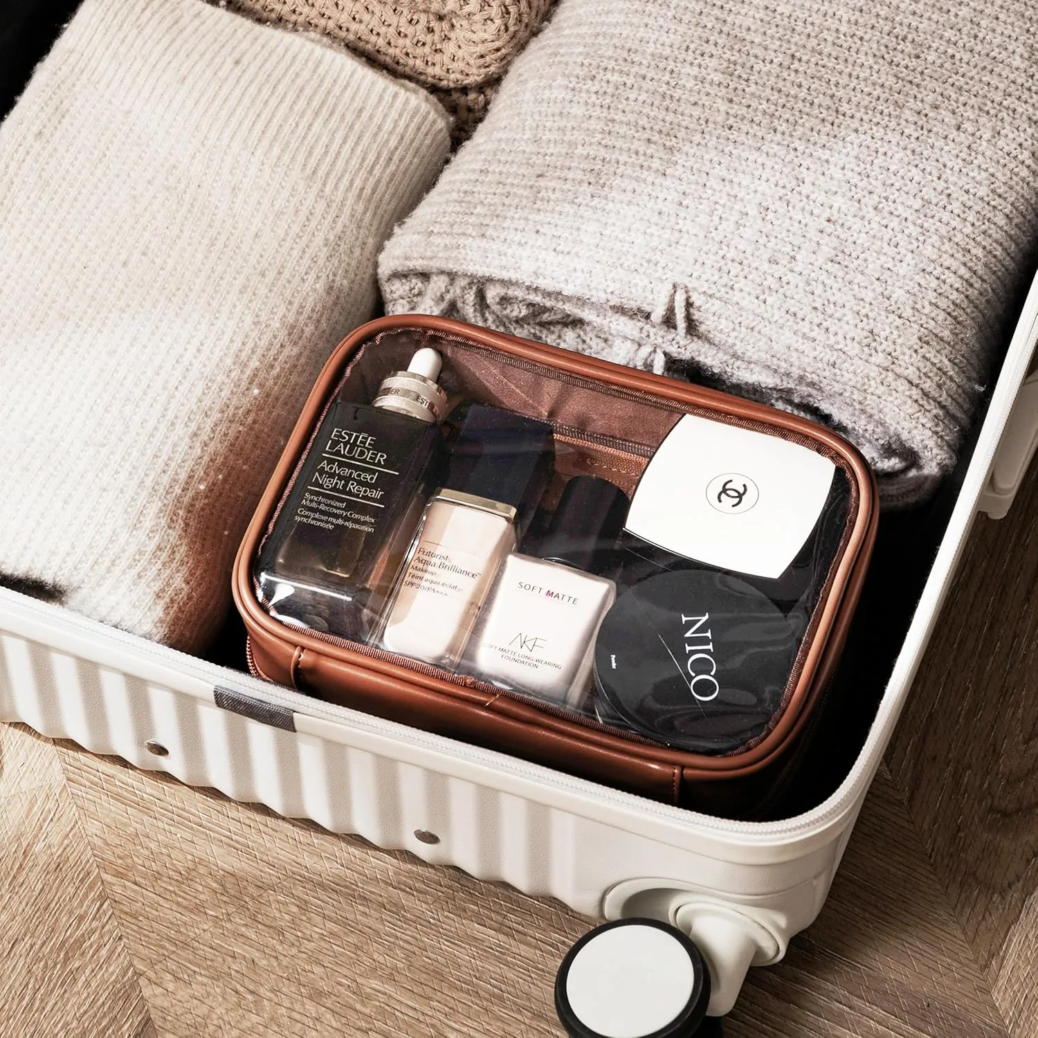 HBselect TSA Approved Toiletry Bag, Clear Makeup Bag Travel Toiletry Bag for Women Girls, Portable Waterproof Makeup Bag Organizer Cosmetic Bag Travel Accessories Essentials (Small Caramel)