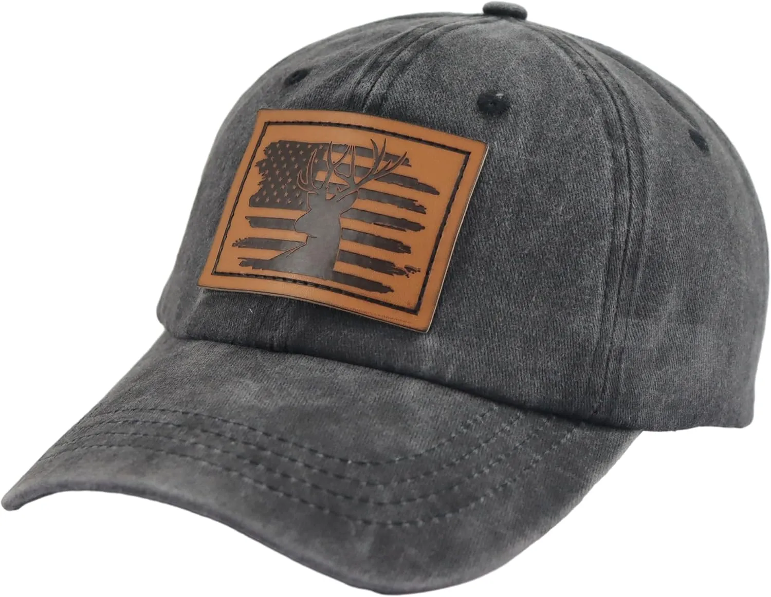 HHNLB Leather American Flag and Deer Skull Hunting Hat, Adjustable Wash Cotton Baseball Cap for Men Women