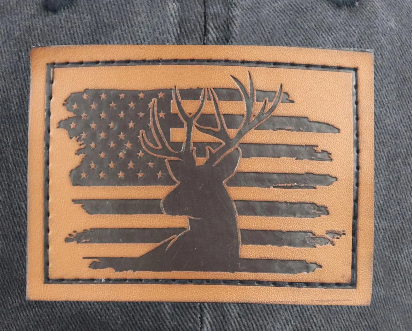 HHNLB Leather American Flag and Deer Skull Hunting Hat, Adjustable Wash Cotton Baseball Cap for Men Women