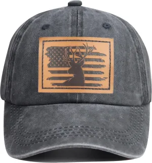 HHNLB Leather American Flag and Deer Skull Hunting Hat, Adjustable Wash Cotton Baseball Cap for Men Women