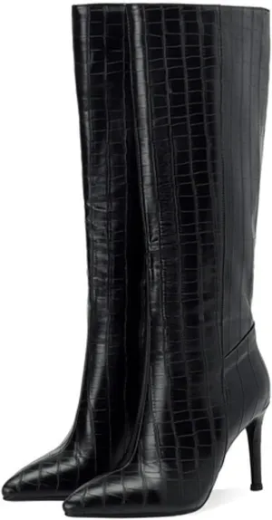 High Heeled Pointed Women's Shoes,High Boots,Imitation Crocodile Leather Boots with Rubber Sole,Genuine Leather