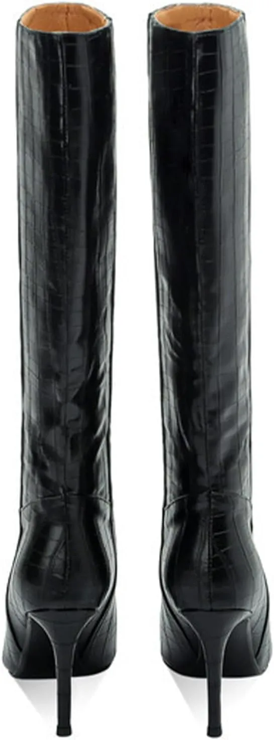 High Heeled Pointed Women's Shoes,High Boots,Imitation Crocodile Leather Boots with Rubber Sole,Genuine Leather