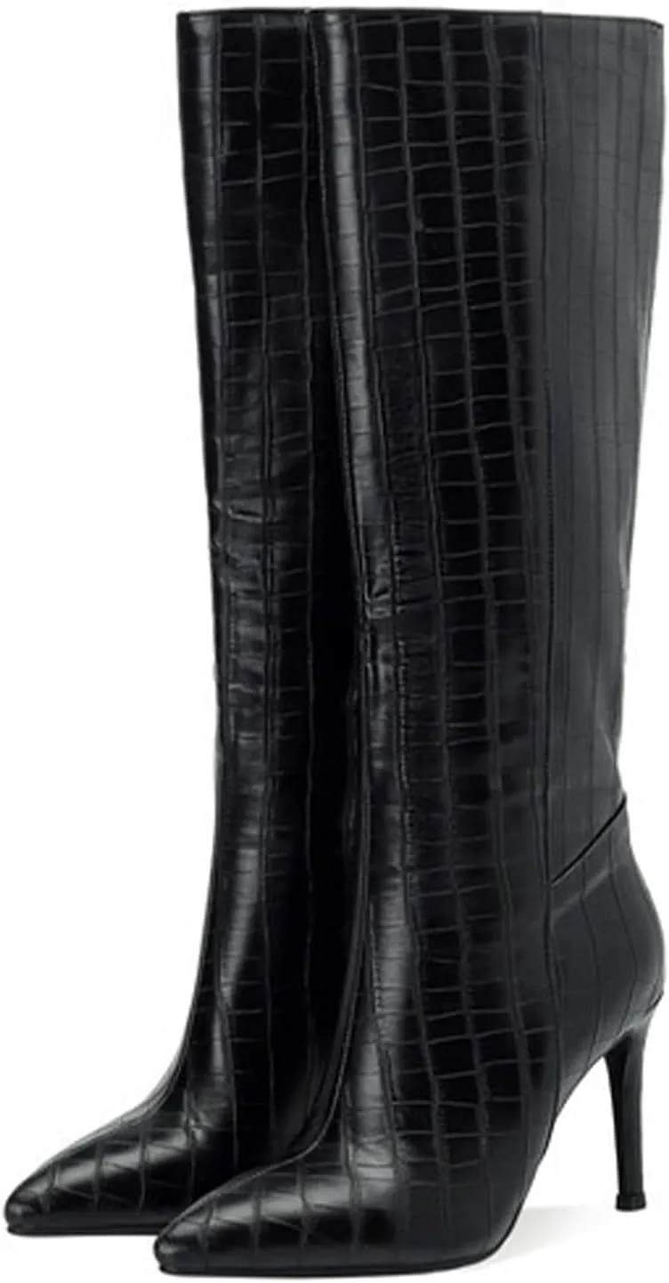 High Heeled Pointed Women's Shoes,High Boots,Imitation Crocodile Leather Boots with Rubber Sole,Genuine Leather