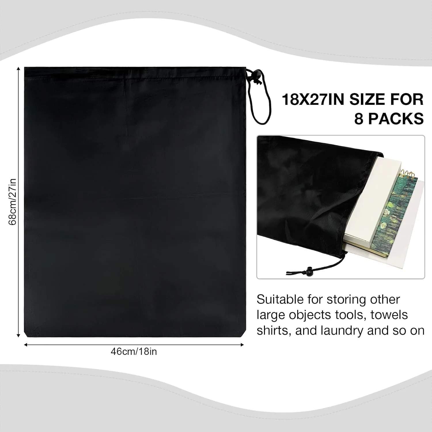 HIIXHC 8-Pack Drawstring Bags with Toggle, Durable Nylon Backpack for Gym, Sports, Travel, and Daily Use (Black, 18 x 27 Inch)