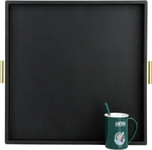 HofferRuffer Elegant Decorative Serving Tray, 20"x20" Square Faux Leather Ottoman Tray with Gold Hardware Handles, Coffee Table Serve Tea, Coffee or Breakfast (Black)