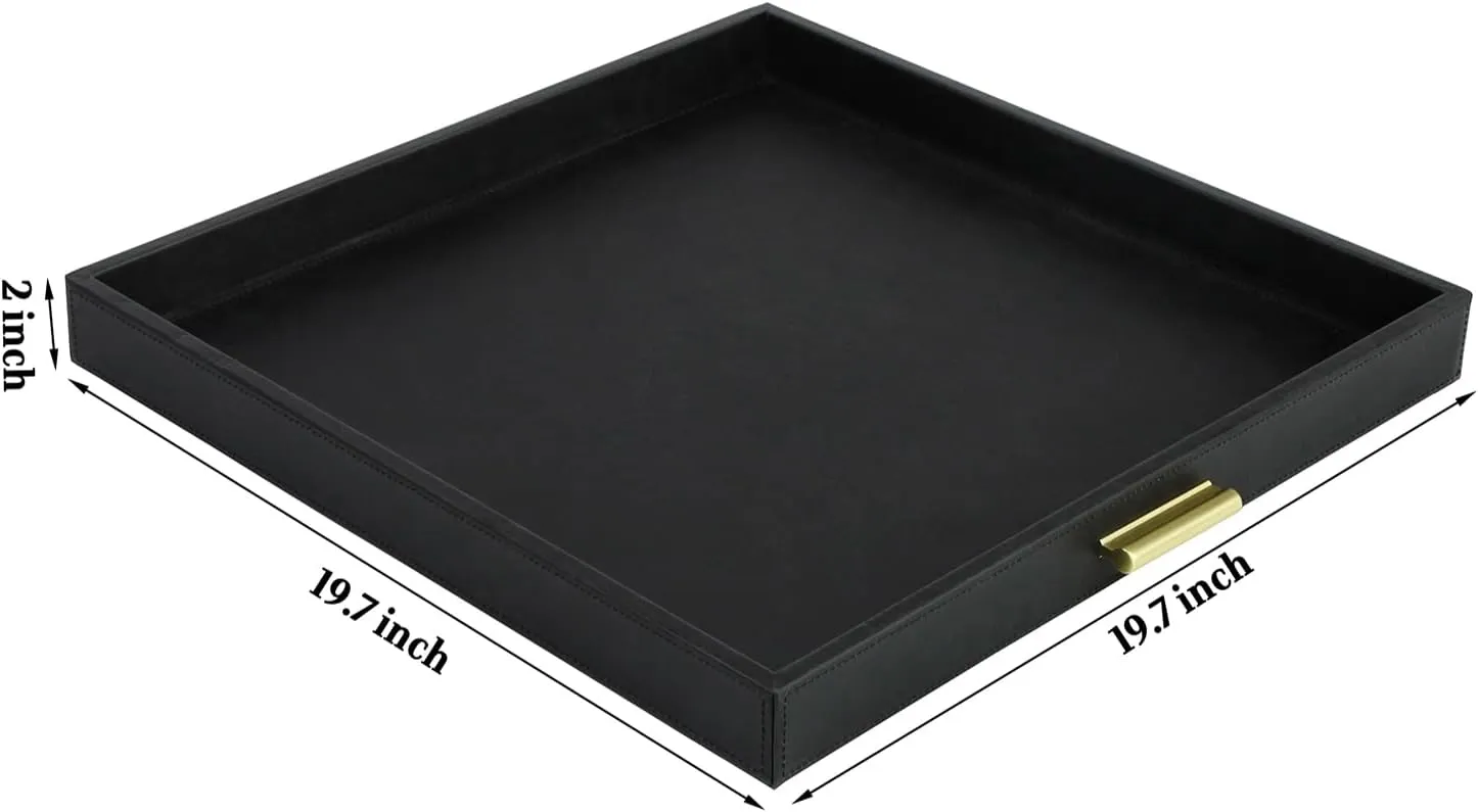 HofferRuffer Elegant Decorative Serving Tray, 20"x20" Square Faux Leather Ottoman Tray with Gold Hardware Handles, Coffee Table Serve Tea, Coffee or Breakfast (Black)