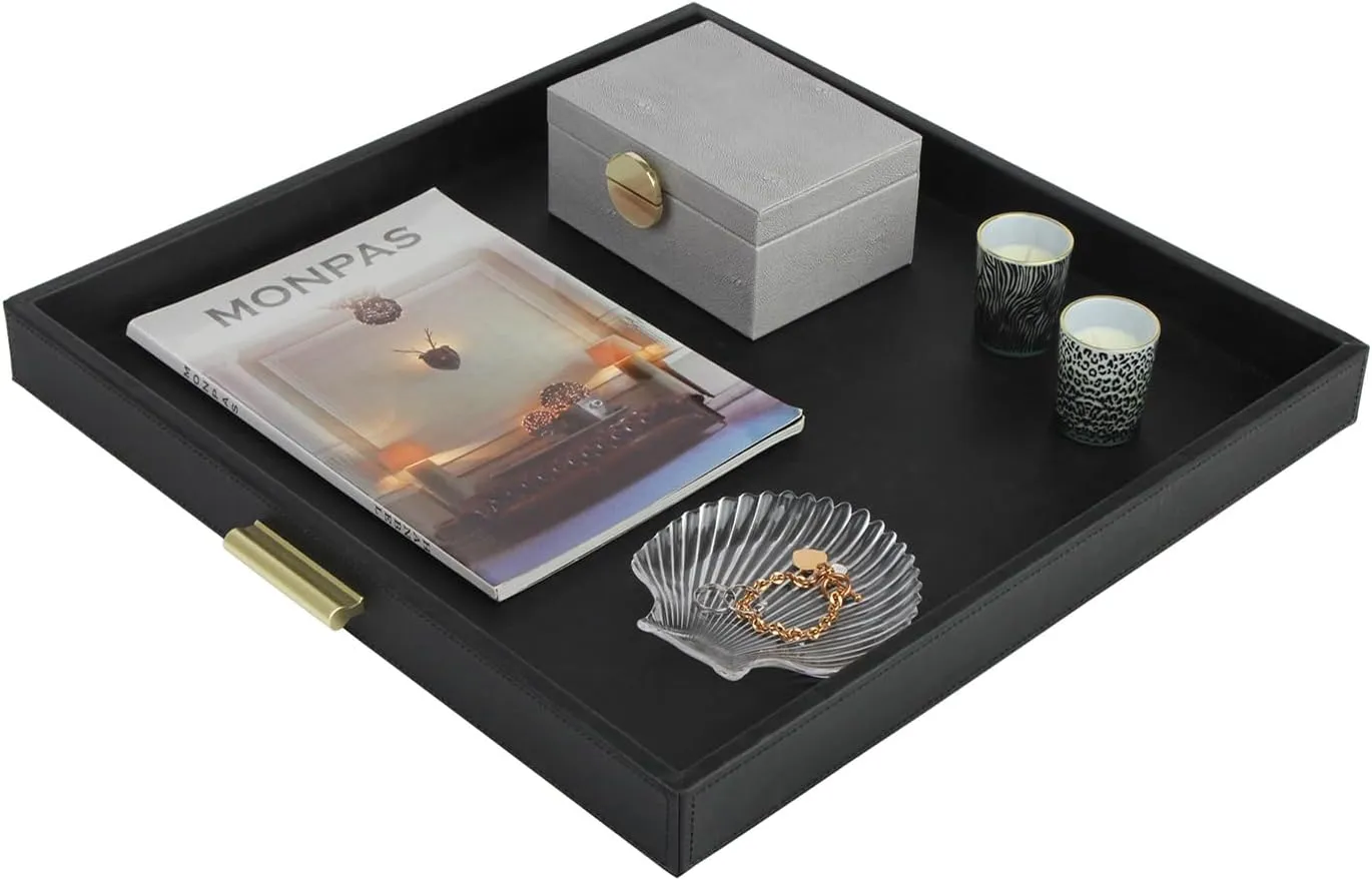 HofferRuffer Elegant Decorative Serving Tray, 20"x20" Square Faux Leather Ottoman Tray with Gold Hardware Handles, Coffee Table Serve Tea, Coffee or Breakfast (Black)